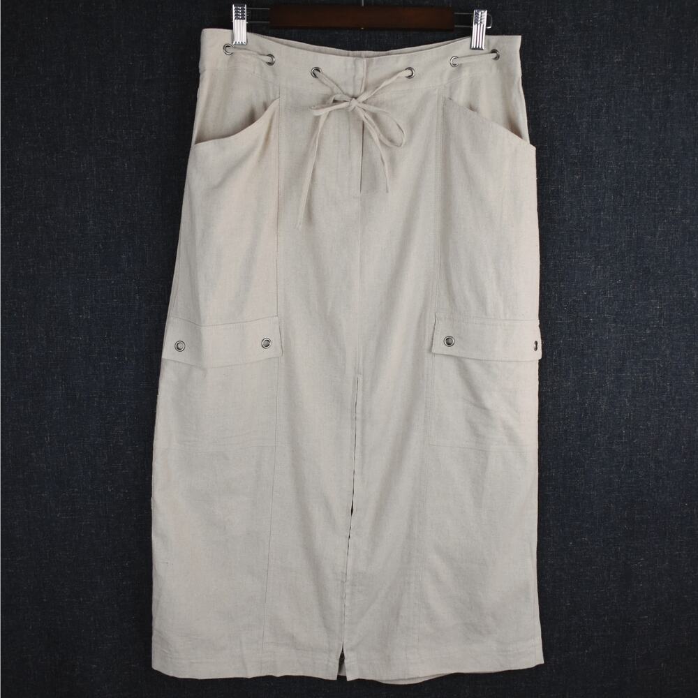 Y2K Linen Blend Cargo Maxi Skirt Women's 12 Natural Flax Lagenlook Coastal Chic
